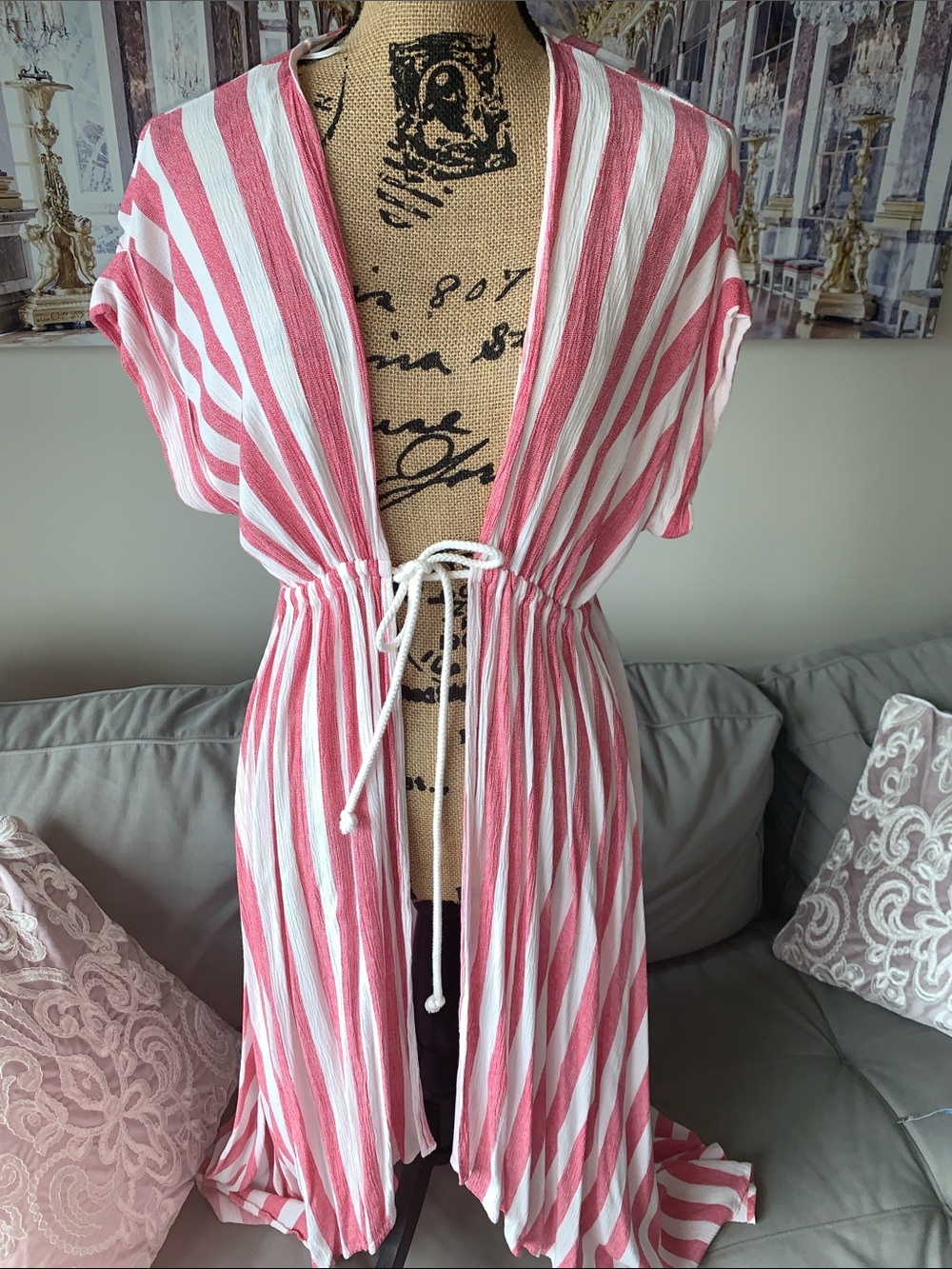Meghan LA Reddish Pink & White Striped Tie-Waist Duster top